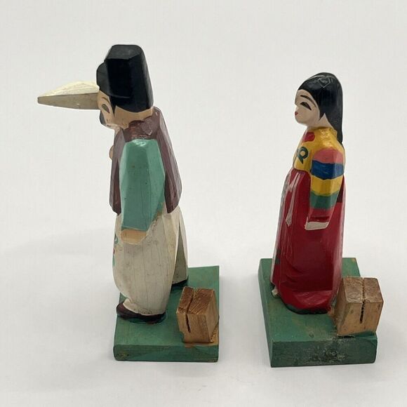 Vintage Folk ART Korean/Asian Hand Carved Painted Wooden Figurine Set Pair - Picture 5 of 9